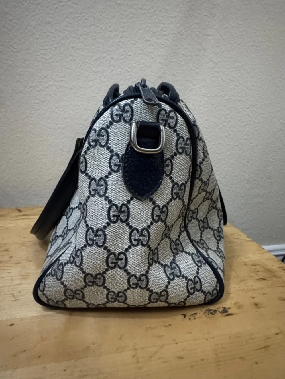 Gucci Beige Monogram Satchel with Navy Trim and Red-Navy Stripe